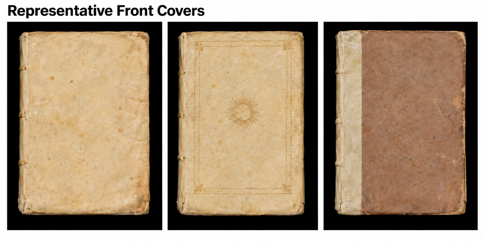 AI-generated representative front covers: plain parchment, ruled parchment, and paper with a parchment spine