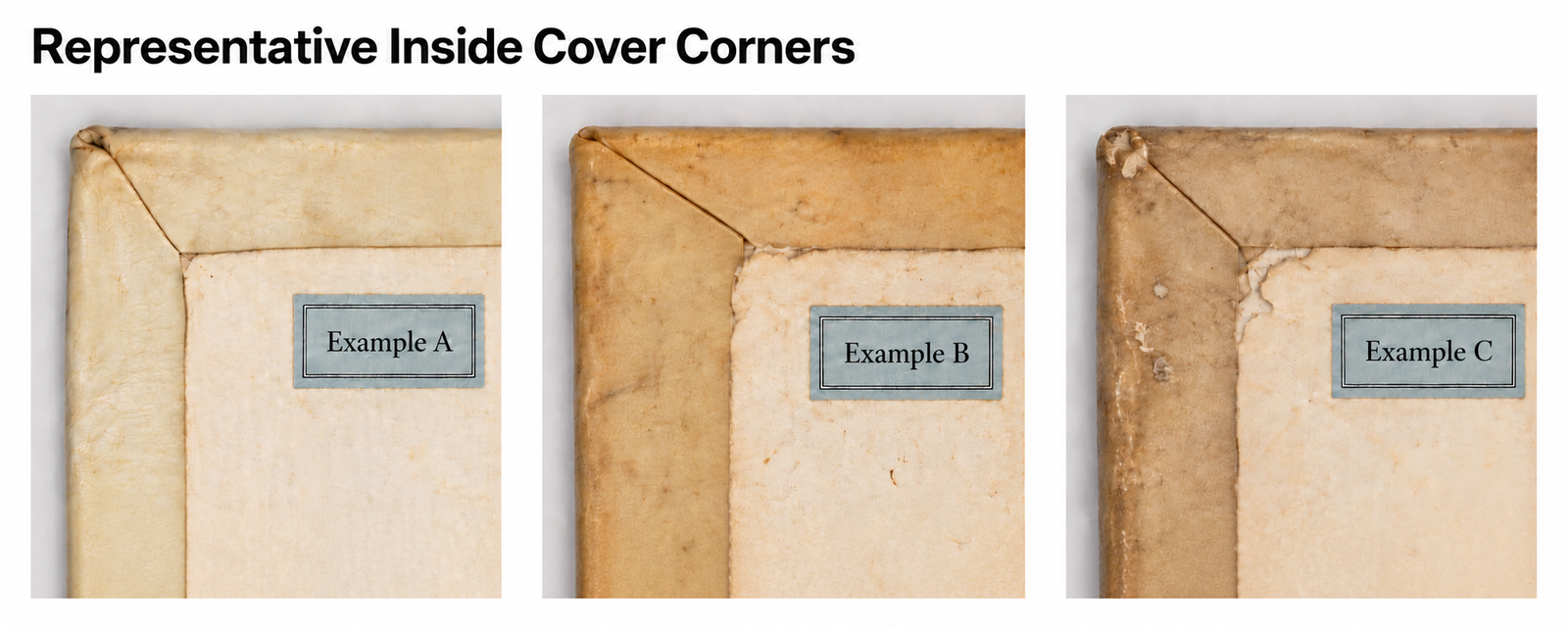AI-generated representative upper-left inside-cover corners with varied diagonal parchment turn-ins and pastedowns